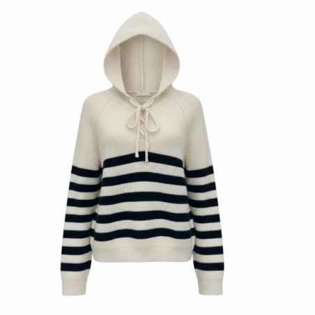 Pull à capuche style sweat rayé écru et bleu marine – Sweat femme tendance