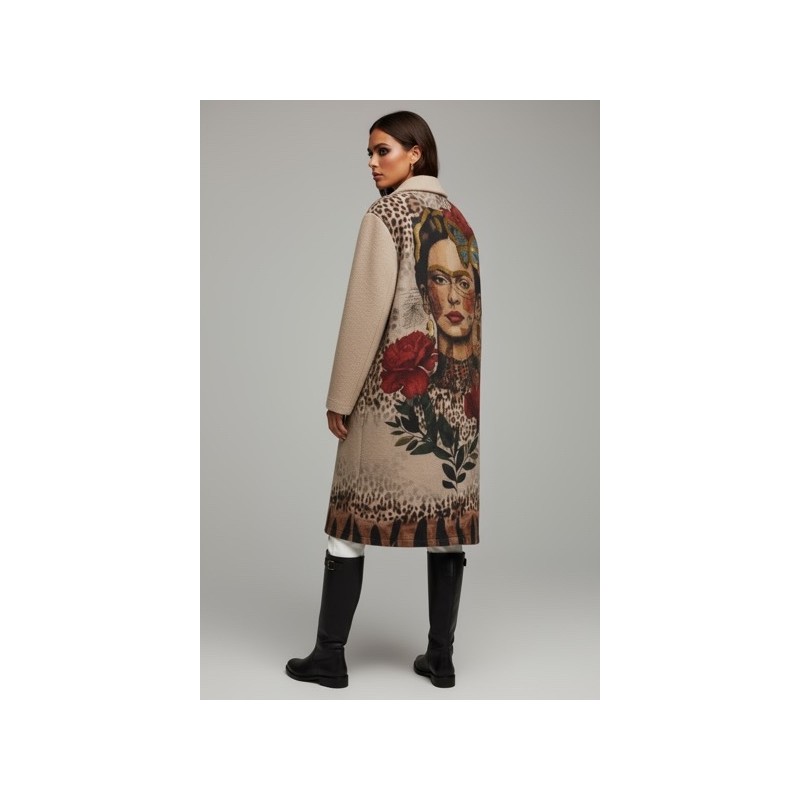 Manteau Long Beige avec Illustration Artistique