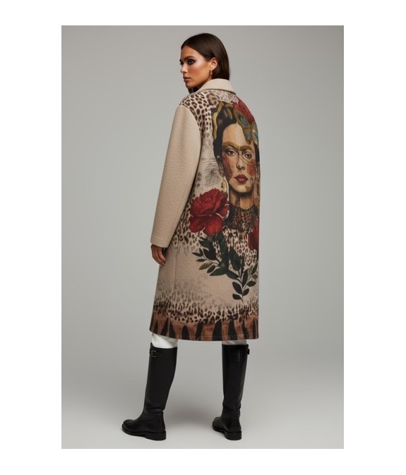 Manteau long beige femme – Style artistique, motif visage artistique au dos, tissu bouclette tendance