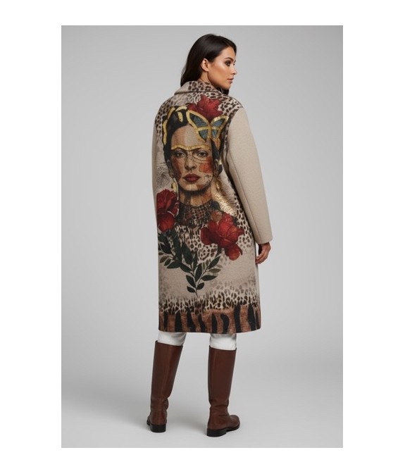 Manteau Long Beige avec Illustration Artistique