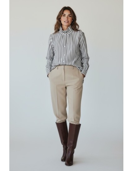 Blouse femme à rayures 100% coton– Col montant plissé & tissu léger premium