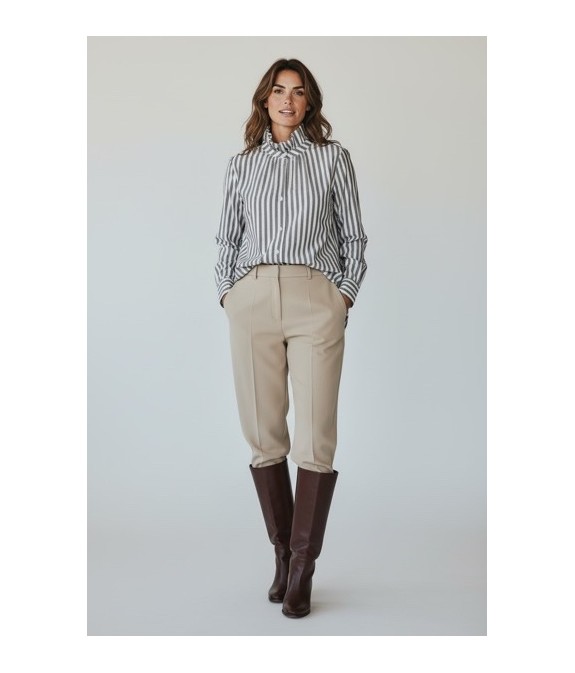Blouse femme à rayures 100% coton– Col montant plissé & tissu léger premium