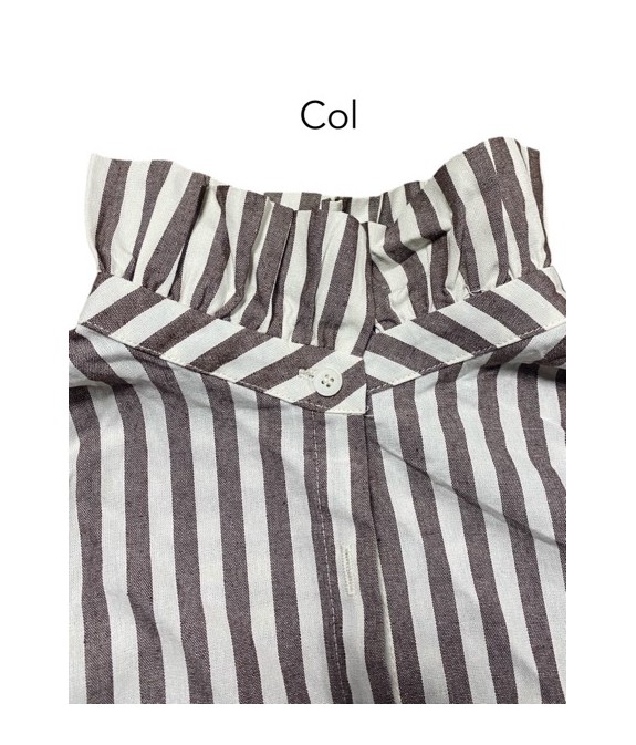 Blouse femme à rayures 100% coton– Col montant plissé & tissu léger premium