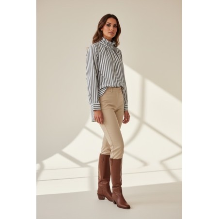 Blouse femme à rayures 100% coton– Col montant plissé & tissu léger premium