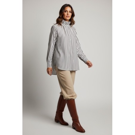 Blouse femme à rayures 100% coton– Col montant plissé & tissu léger premium