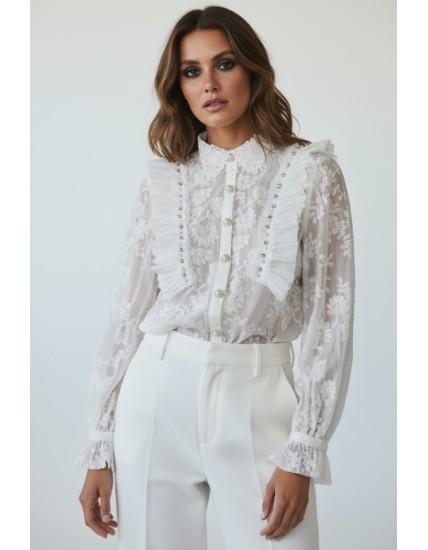 Chemisier écru en dentelle – Volants & boutons perlés | Blouse femme chic