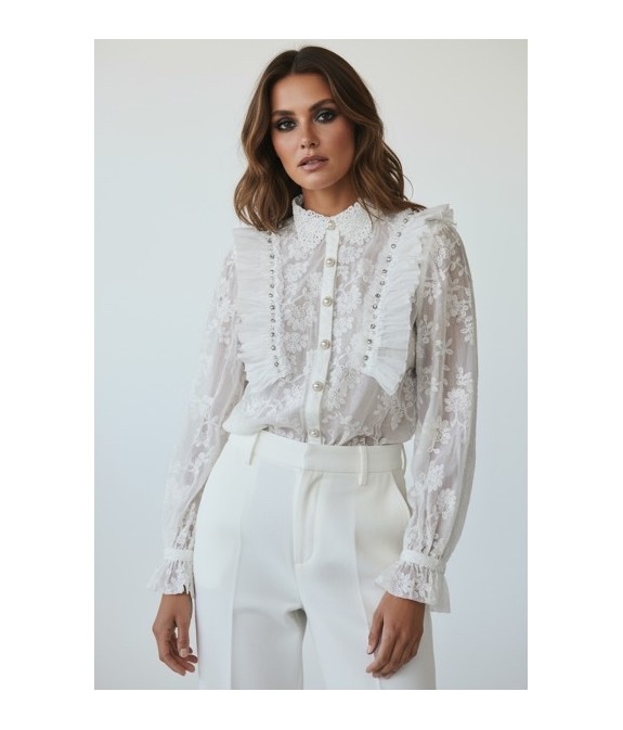 Chemisier écru en dentelle – Volants & boutons perlés | Blouse femme chic