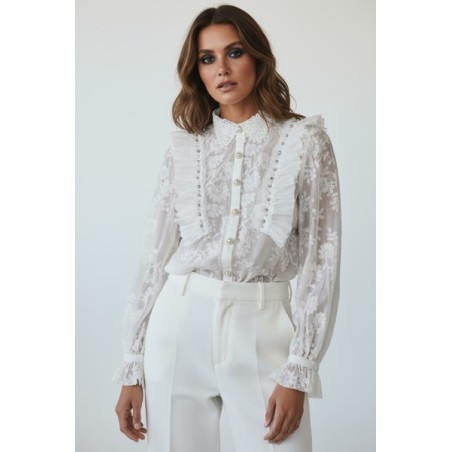 Chemisier écru en dentelle – Volants & boutons perlés | Blouse femme chic