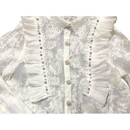 Chemisier écru en dentelle – Volants & boutons perlés | Blouse femme chic