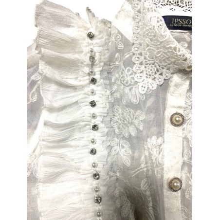 Chemisier écru en dentelle – Volants & boutons perlés | Blouse femme chic