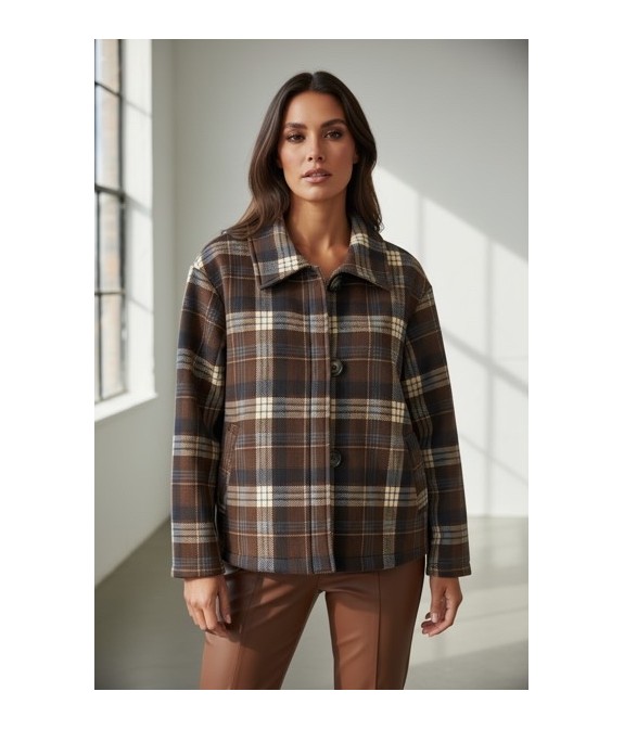 Veste femme à carreaux marron – Coupe oversize, chaude et tendance