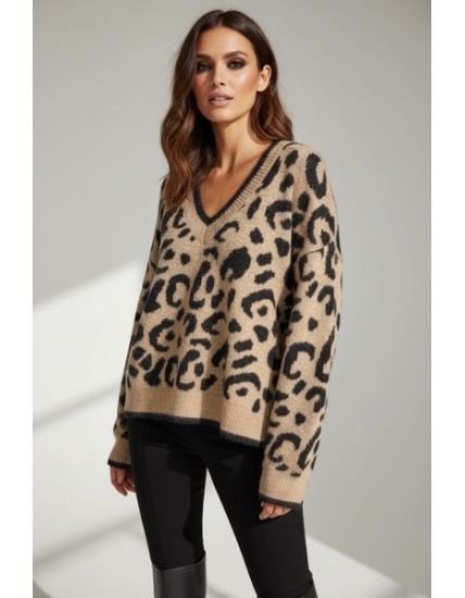 Pull Léopard Femme en Maille Douce | Col V Tendance Beige Camel – Pull Chaud Hiver Stylé