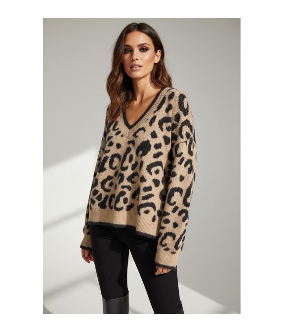 Pull Léopard Femme en Maille Douce | Col V Tendance Beige Camel – Pull Chaud Hiver Stylé