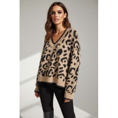 Pull Léopard Femme en Maille Douce | Col V Tendance Beige Camel – Pull Chaud Hiver Stylé