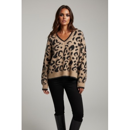 Pull Léopard Femme en Maille Douce | Col V Tendance Beige Camel – Pull Chaud Hiver Stylé