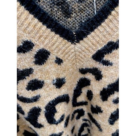 Pull Léopard Femme en Maille Douce | Col V Tendance Beige Camel – Pull Chaud Hiver Stylé