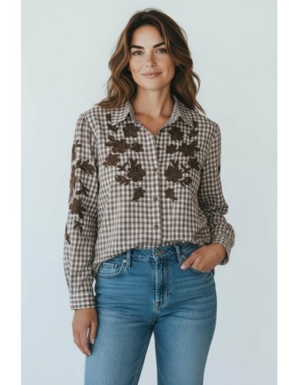 Chemisier Femme à Carreaux Marron – Broderies Florales Élégantes | Tendances 2025