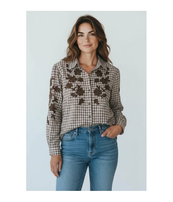 Chemisier Femme à Carreaux Marron – Broderies Florales Élégantes | Tendances 2025