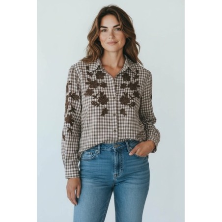 Chemisier Femme à Carreaux Marron – Broderies Florales Élégantes | Tendances 2025