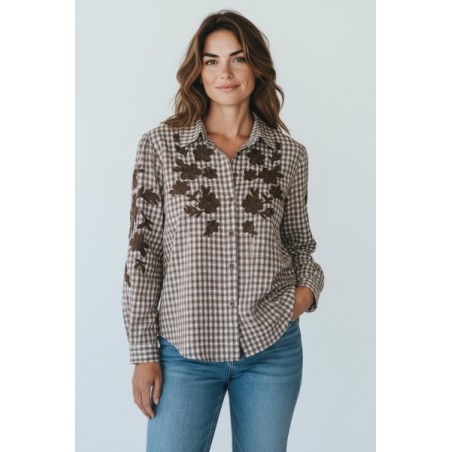 Chemisier Femme à Carreaux Marron – Broderies Florales Élégantes | Tendances 2025