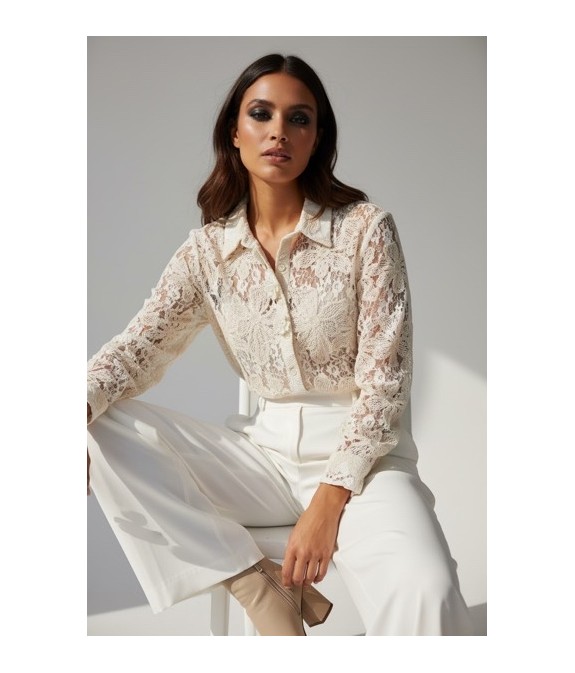 Blouse en dentelle écrue femme – Chemise élégante à motifs floraux – Haut chic et raffiné