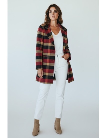 Manteau long à carreaux rouge/noir – Mode femme élégante