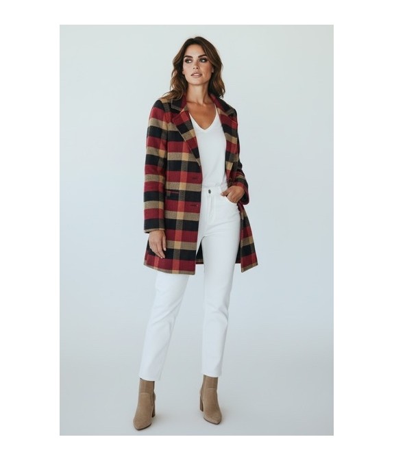Manteau long à carreaux rouge/noir – Mode femme élégante