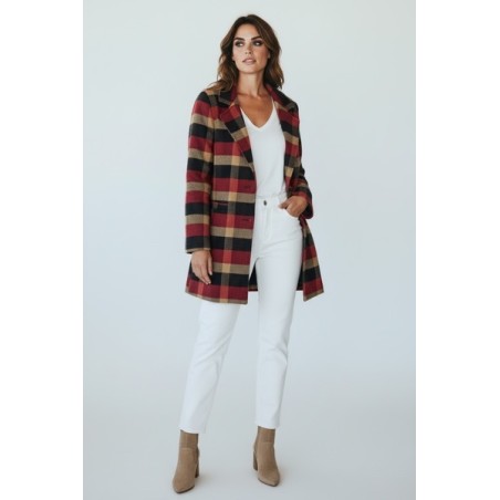 Manteau long à carreaux rouge/noir – Mode femme élégante
