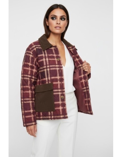 Veste matelassée femme à carreaux bordeaux – Style rétro chic, chaude et doublée