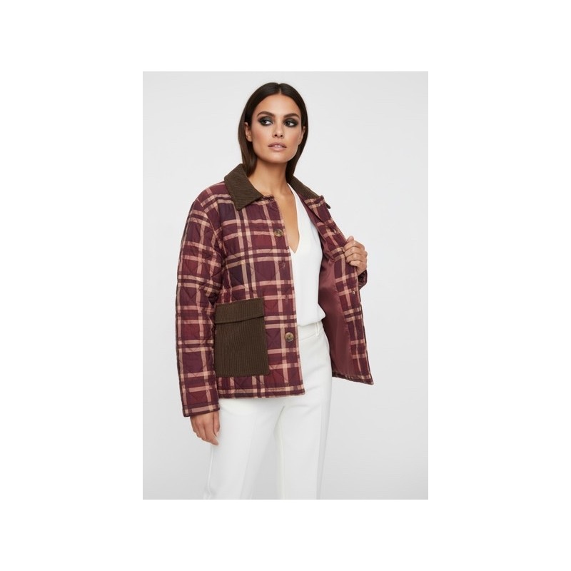 Veste matelassée femme à carreaux bordeaux et détails en velours – Style rétro chic & confort premium