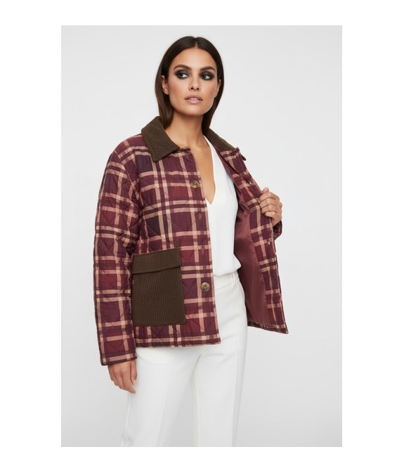 Veste matelassée femme à carreaux bordeaux – Style rétro chic, chaude et doublée