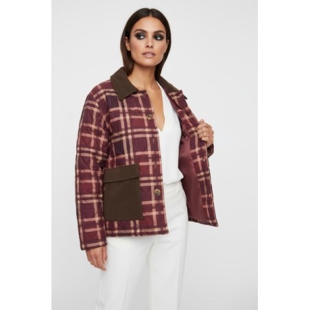Veste matelassée femme à carreaux bordeaux – Style rétro chic, chaude et doublée