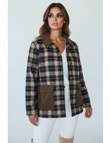Veste femme à carreaux avec col velours côtelé – Surchemise tendance automne/hiver