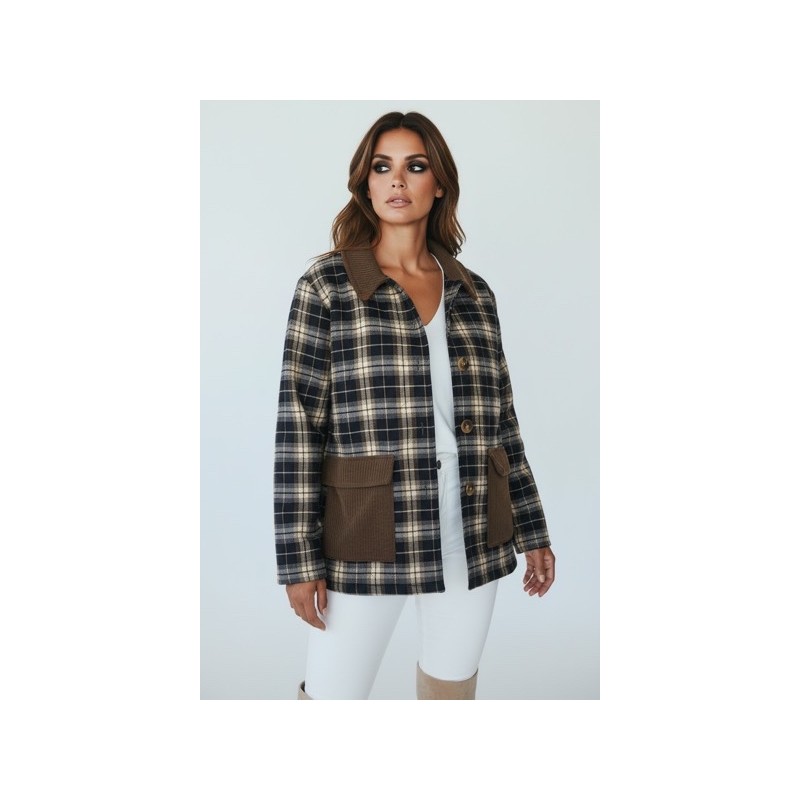 Veste femme à carreaux avec détails en velours côtelé – Style casual chic Veste femme à carreaux avec détails en velours côtelé – Style casual chic