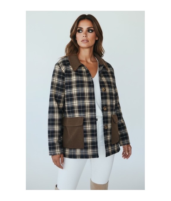 Veste femme à carreaux avec col velours côtelé – Surchemise tendance automne/hiver