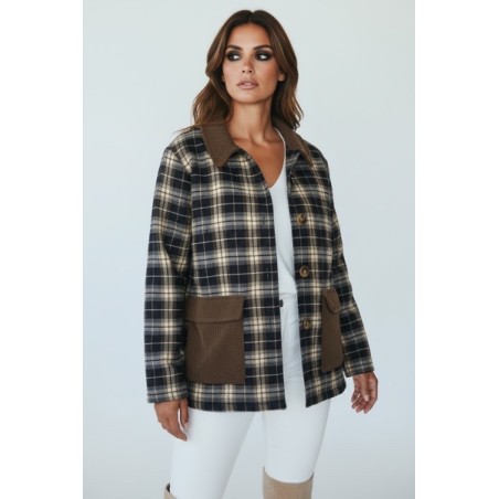 Veste femme à carreaux avec col velours côtelé – Surchemise tendance automne/hiver