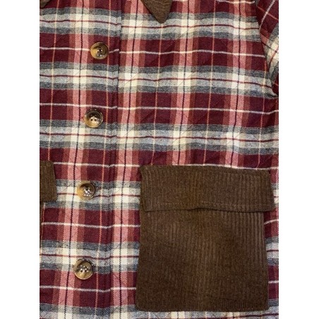 Veste femme à carreaux bordeaux avec col et poches en velours côtelé – Style vintage chic