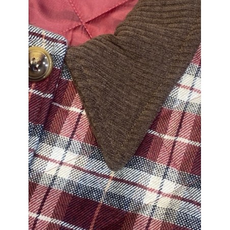 Veste femme à carreaux bordeaux avec col et poches en velours côtelé – Style vintage chic