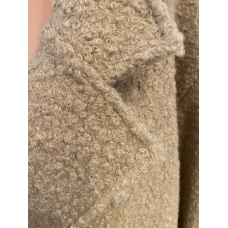 Manteau long beige femme – Style artistique, motif visage artistique au dos, tissu bouclette tendance