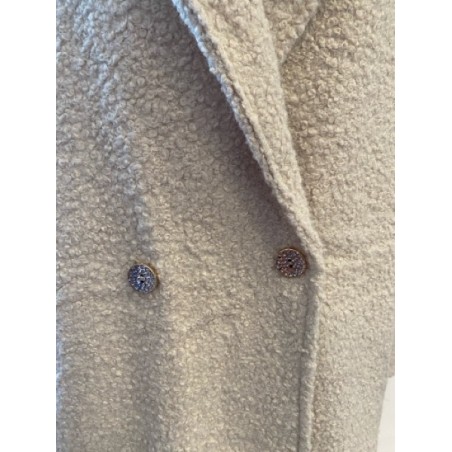 Manteau long beige femme – Style artistique, motif visage artistique au dos, tissu bouclette tendance