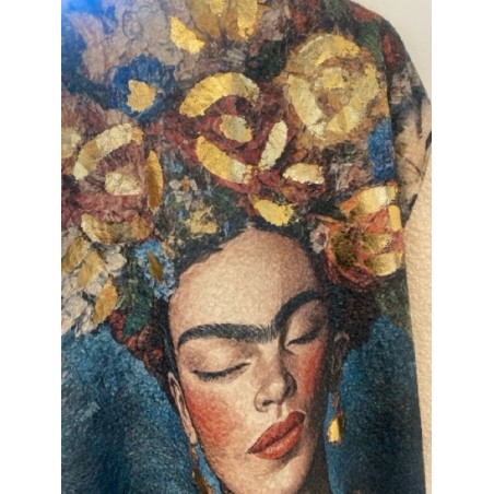 Manteau long beige femme – Style artistique, motif visage artistique au dos, tissu bouclette tendance