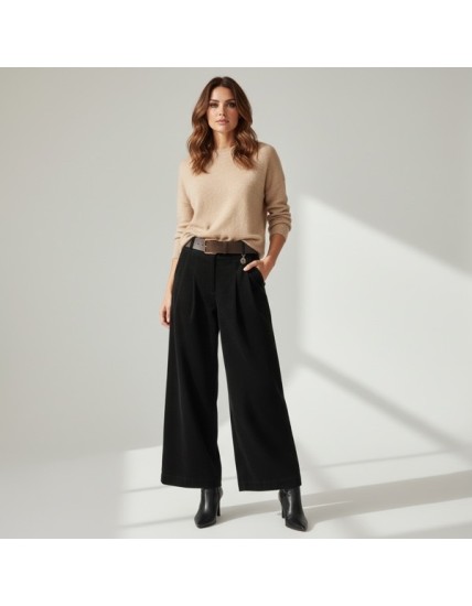 Pantalon Large en Velours Noir pour Femme – Taille Haute, Chic & Élégant