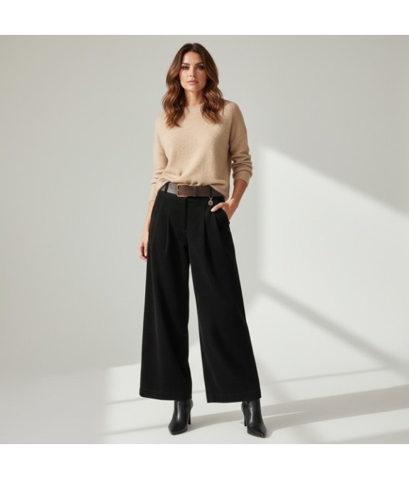 Pantalon Large en Velours Noir pour Femme – Taille Haute, Chic & Élégant