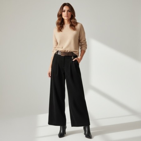 Pantalon Large en Velours Noir pour Femme – Taille Haute, Chic & Élégant