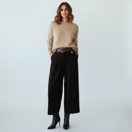 Pantalon Large en Velours Noir pour Femme – Taille Haute, Chic & Élégant