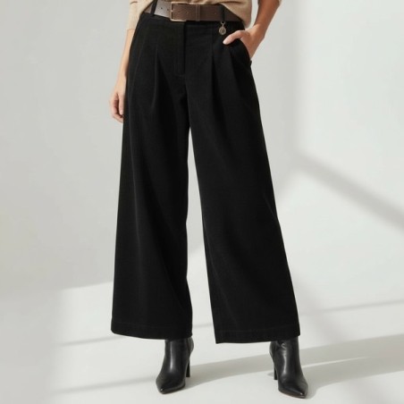 Pantalon Large en Velours Noir pour Femme – Taille Haute, Chic & Élégant