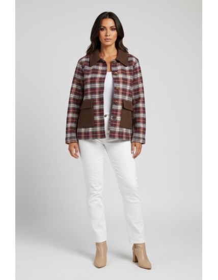 Veste femme à carreaux bordeaux avec col et poches en velours côtelé – Style vintage chic