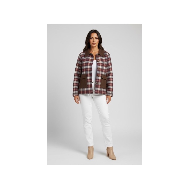 Veste femme à carreaux bordeaux et beige avec détails en velours côtelé – Style vintage chic et confort moderne Veste femme à carreaux bordeaux et beige avec détails en velours côtelé – Style vintage chic et confort moderne