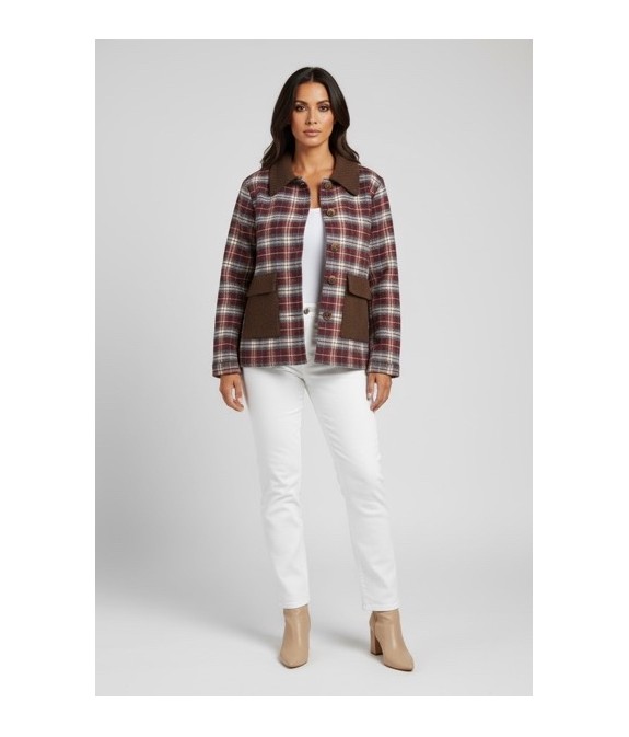 Veste femme à carreaux bordeaux avec col et poches en velours côtelé – Style vintage chic