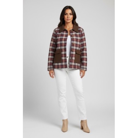 Veste femme à carreaux bordeaux avec col et poches en velours côtelé – Style vintage chic